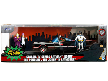1966 Classic Batmobile with Diecast Batman The Joker The Penguin and Plastic Robin Sitting Inside The Car