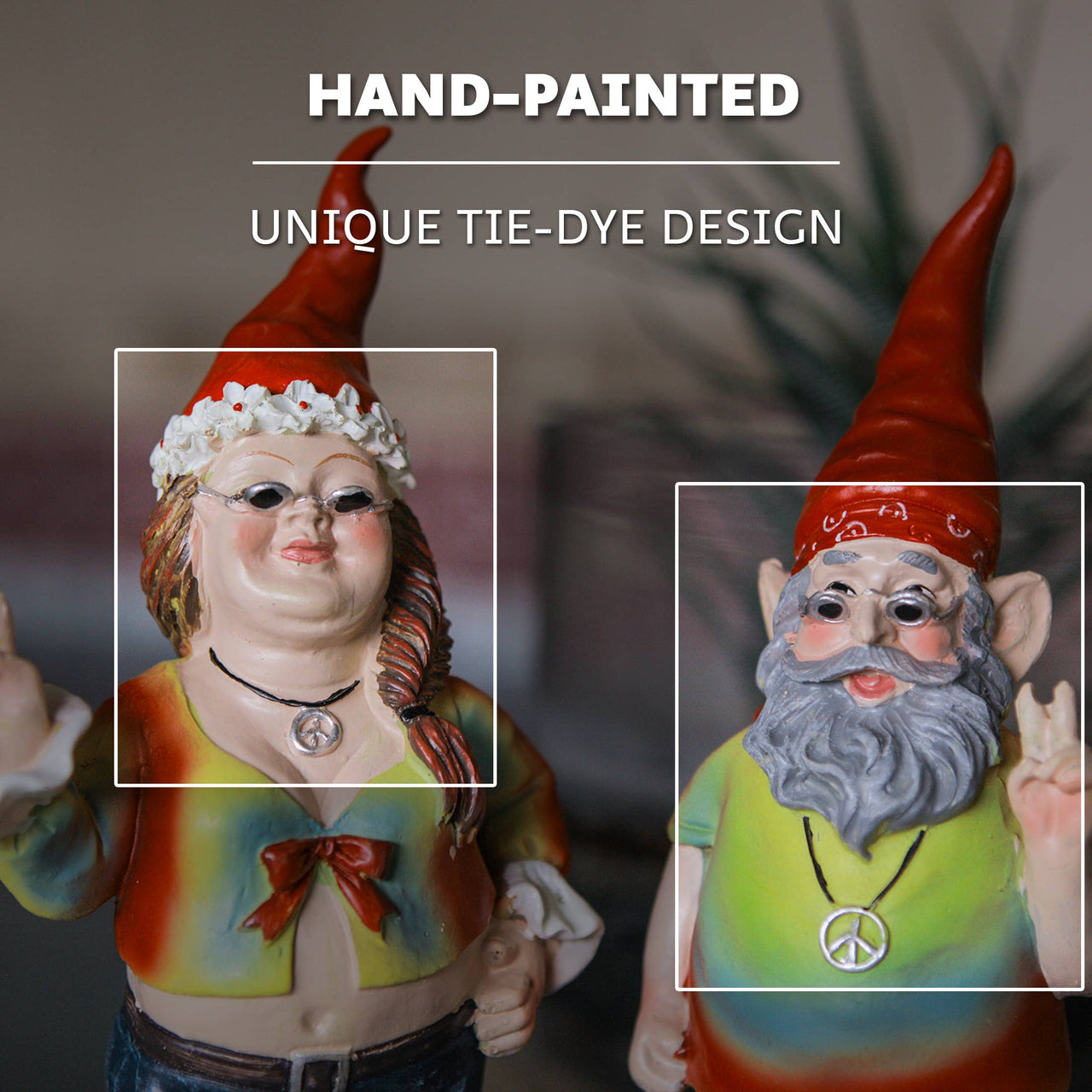 Gnancy & Gnarley: Tie-Dyed Decorative Gnome Figurine Couple