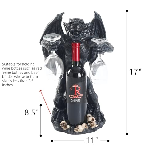 Large 17.5" high, Gargoyle Wine Bottle Holder with Two Wine Glasses
