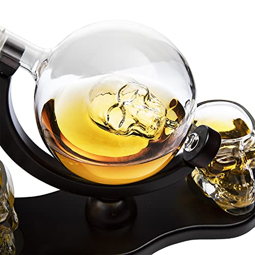 Skull Skeleton Wine & Whiskey Globe Decanter Set - 850 mL With 2 Skull Head 3oz Skeletons Shot Glasses + Mahogany Wooden Base Goth Spooky Drinking Glassware-3