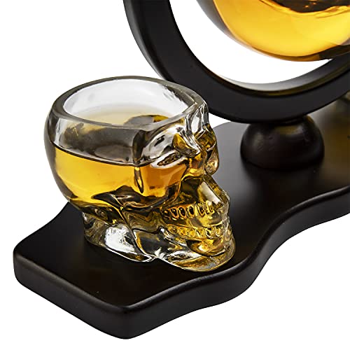 Skull Skeleton Wine & Whiskey Globe Decanter Set - 850 mL With 2 Skull Head 3oz Skeletons Shot Glasses + Mahogany Wooden Base Goth Spooky Drinking Glassware-2