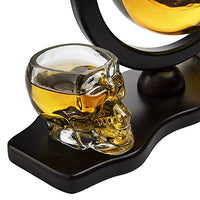 Skull Skeleton Wine & Whiskey Globe Decanter Set - 850 mL With 2 Skull Head 3oz Skeletons Shot Glasses + Mahogany Wooden Base Goth Spooky Drinking Glassware-2