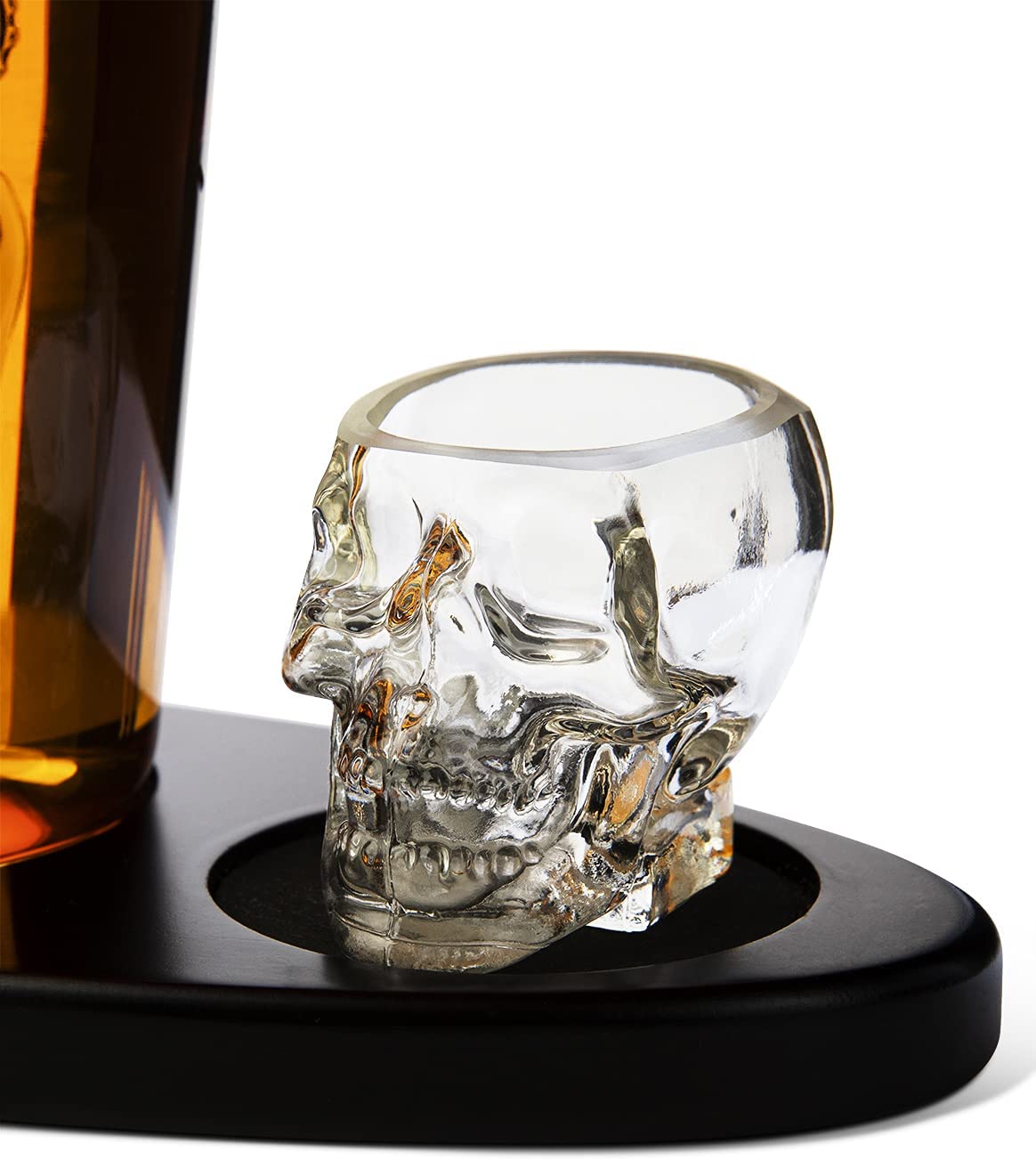 Skull King Skeleton Wine & Whiskey Globe Decanter Set 750 mL With 2 Skull Head 3oz Skeletons Shot Glasses + Mahogany Wooden Base Decor Glass, Goth Spooky Drinking Glassware The Wine Savant-4