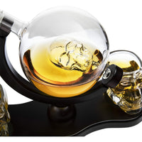 Skull Decanter Set With 2 Skull Shot Glasses - by The Wine Savant - and Beautiful Wooden Base - By Use Skull Head Cup For A Whiskey and Vodka Shot Glass, 850ml Decanter 3 Ounces Shot Glass-3