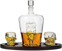 Skull King Skeleton Wine & Whiskey Globe Decanter Set 750 mL With 2 Skull Head 3oz Skeletons Shot Glasses + Mahogany Wooden Base Decor Glass, Goth Spooky Drinking Glassware The Wine Savant-3