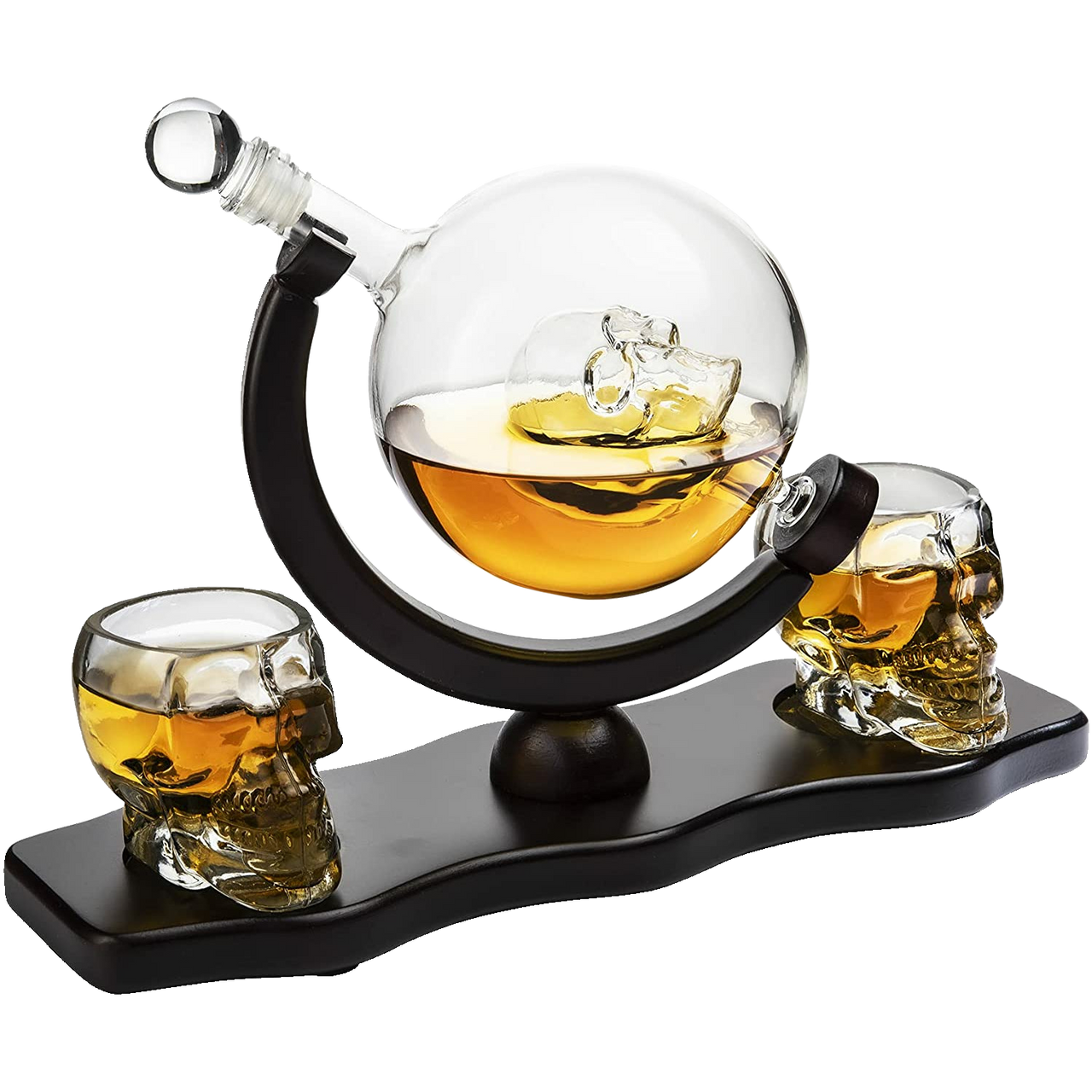 Skull Decanter Set With 2 Skull Shot Glasses - by The Wine Savant - and Beautiful Wooden Base - By Use Skull Head Cup For A Whiskey and Vodka Shot Glass, 850ml Decanter 3 Ounces Shot Glass-0