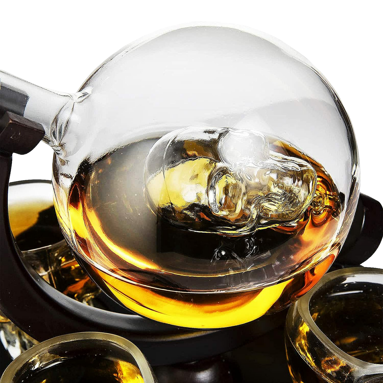 Skull Skeleton Wine & Whiskey Globe Decanter Set - 850 mL With 2 Skull Head 3oz Skeletons Shot Glasses + Mahogany Wooden Base Goth Spooky Drinking Glassware-1