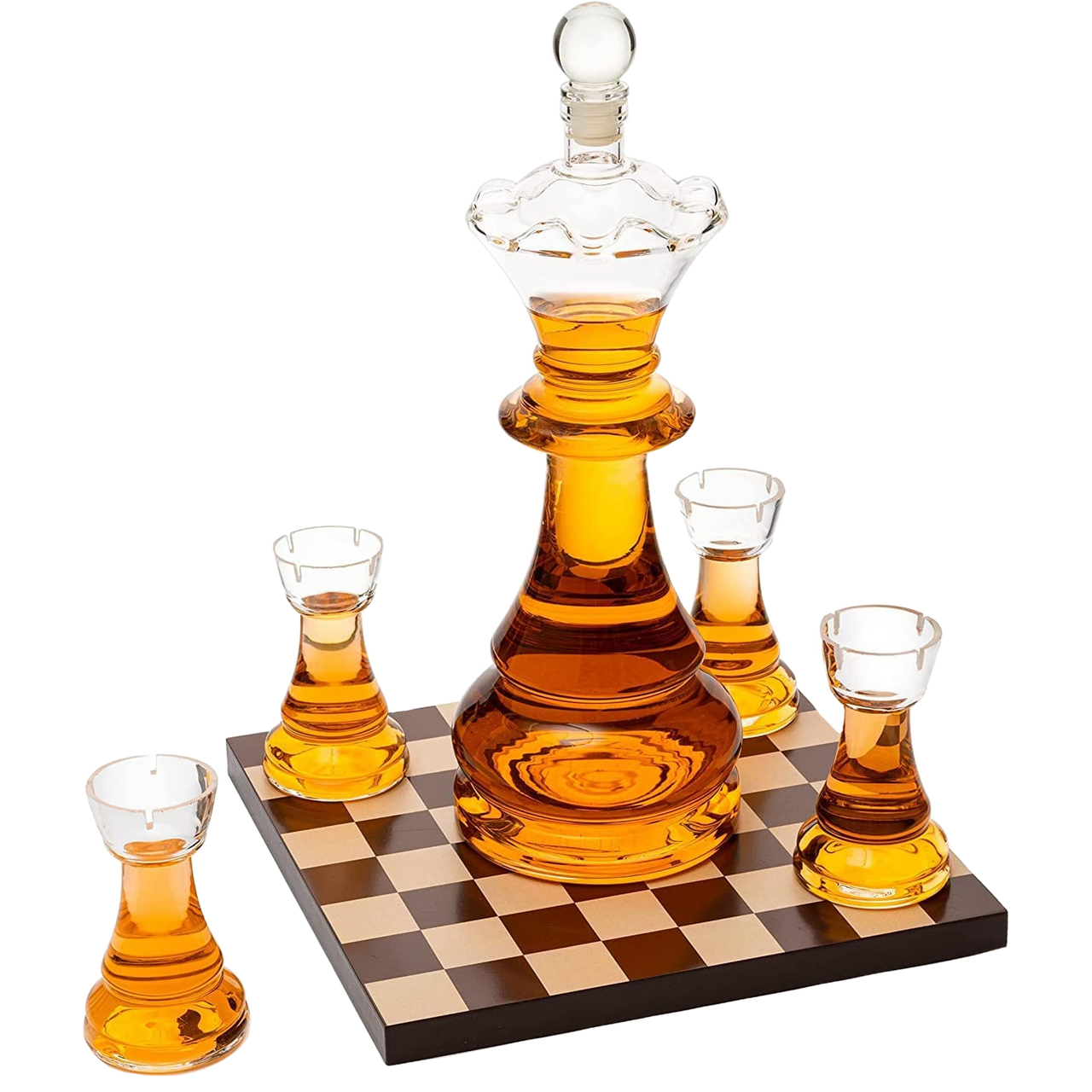 New Chess Decanter Set by The Wine Savant - Queen Chess Decanter 750ml 12" H With 4 Rook Shot Glasses 4oz - Queen's Gambit, Chess Player Gifts, Whiskey, Wine Lovers Gifts for Dad…-0