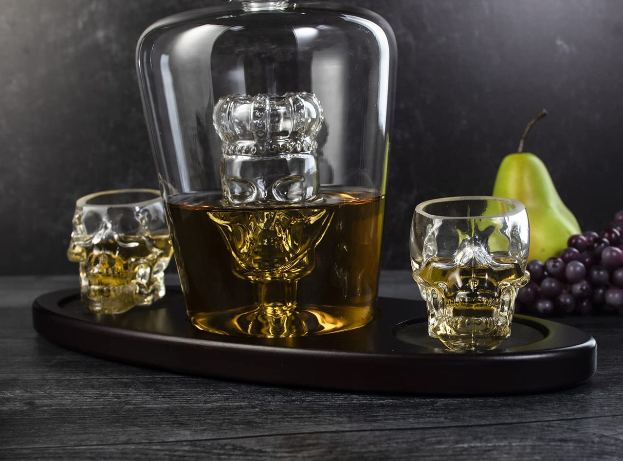 Skull King Skeleton Wine & Whiskey Globe Decanter Set 750 mL With 2 Skull Head 3oz Skeletons Shot Glasses + Mahogany Wooden Base Decor Glass, Goth Spooky Drinking Glassware The Wine Savant-2