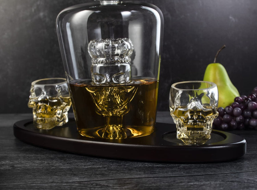 Skull King Skeleton Wine & Whiskey Globe Decanter Set 750 mL With 2 Skull Head 3oz Skeletons Shot Glasses + Mahogany Wooden Base Decor Glass, Goth Spooky Drinking Glassware The Wine Savant-2