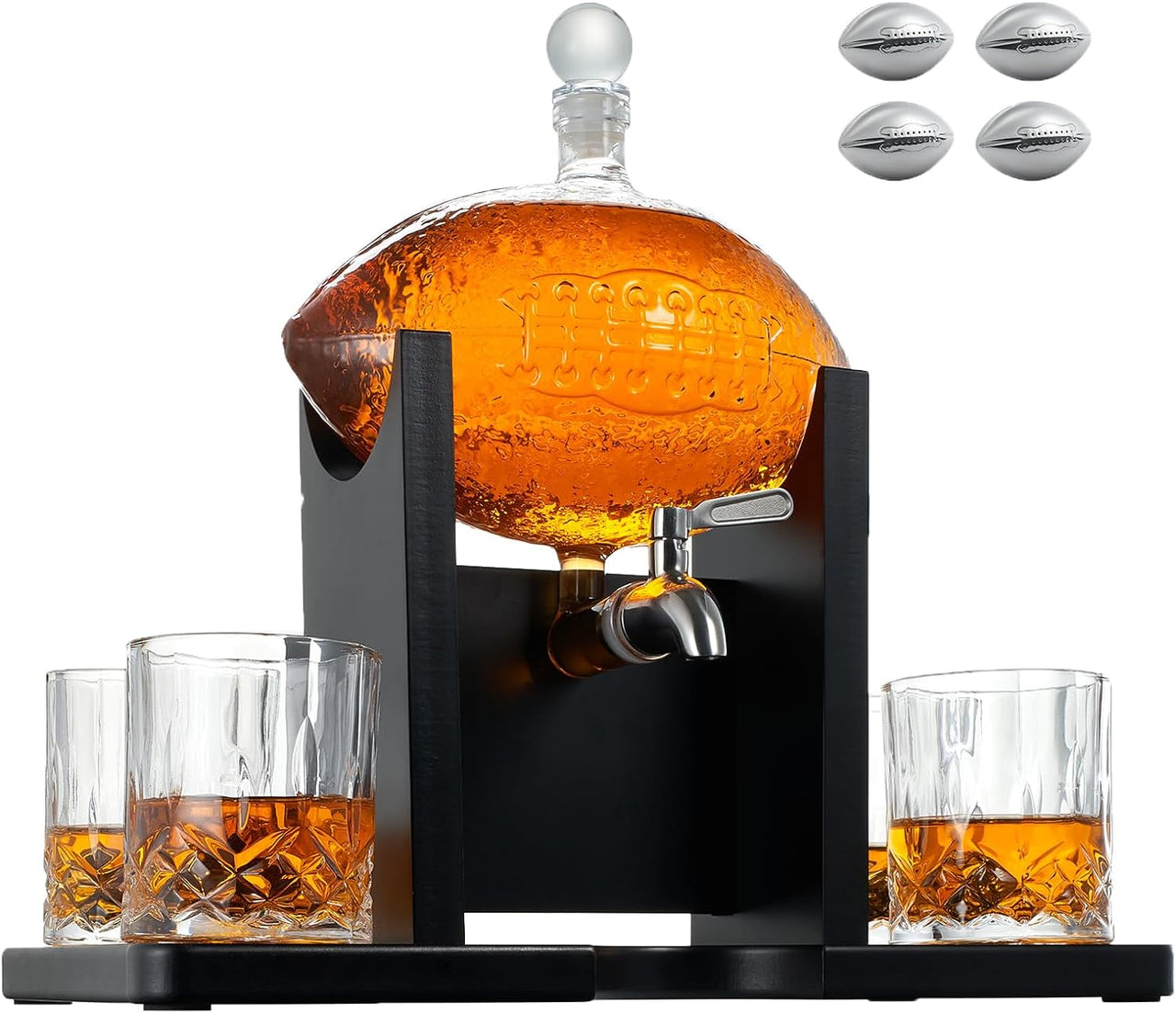 The Wine Savant Football Gifts for Men Dad - Decanter with Mahogany Holder Field Goal Holder + 4 Glasses & Footballs Chillers - Birthday Bar from Daughter Son, Retirement, Father, Him Brother-0