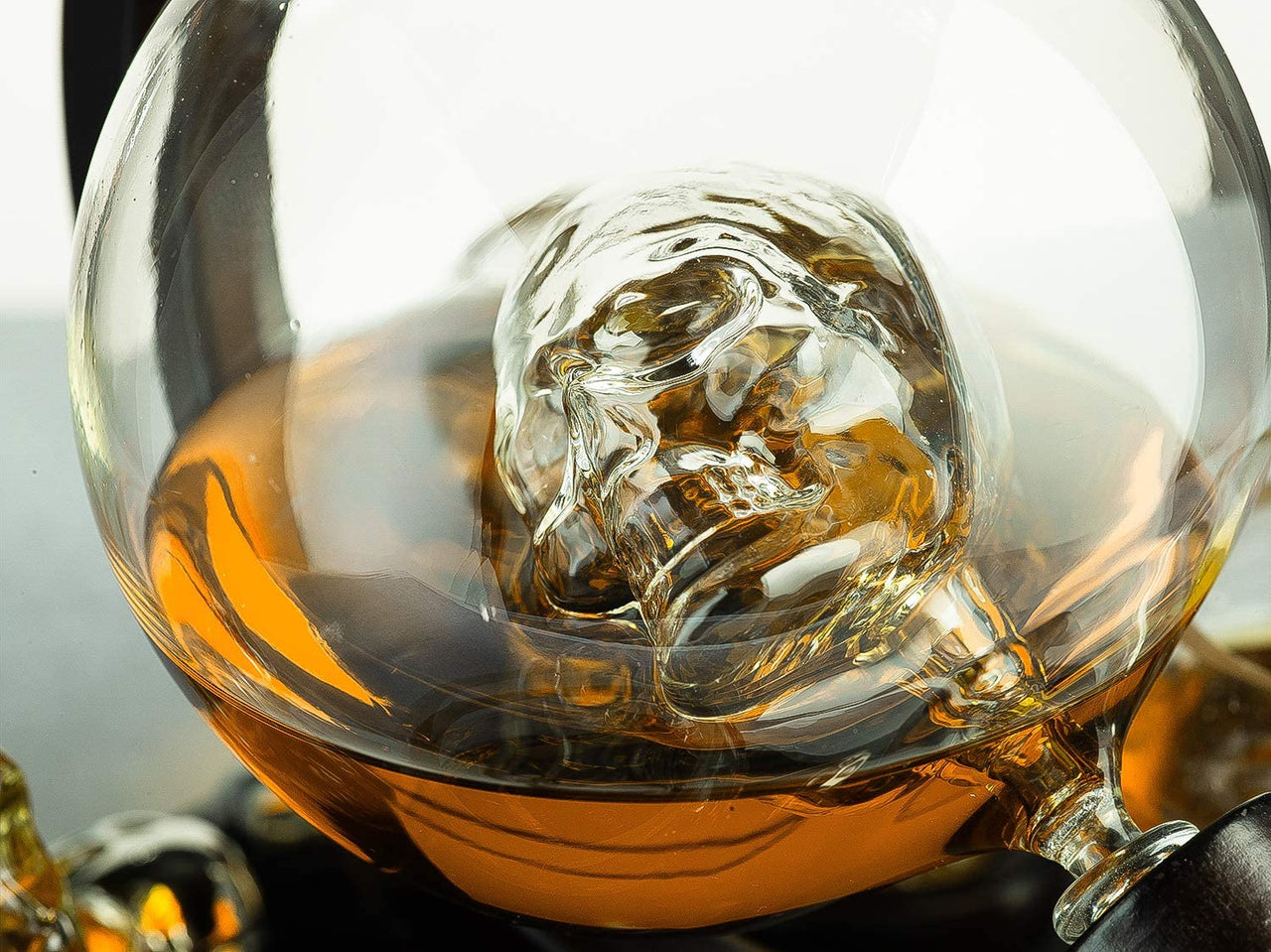Skull Skeleton Wine & Whiskey Globe Decanter Set 850 mL With 4 Skull Head 3oz Skeletons Shot Glasses And Skull Chillers Wooden Base Decor Glass Goth Spooky Drinking Glassware The Wine Savant-2