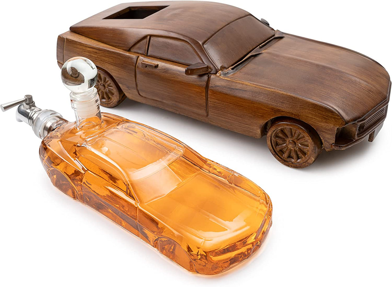 Car Wine & Whiskey Decanter Set 500ml by The Wine Savant 13" L - Wooden Car Figurine, Fastback Car Gifts, Bar Gifts, Parties, Birthdays-4