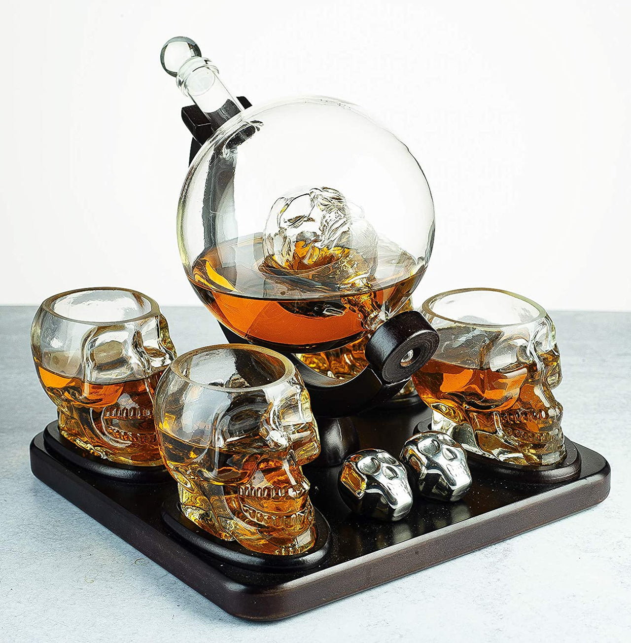 Skull Skeleton Wine & Whiskey Globe Decanter Set 850 mL With 4 Skull Head 3oz Skeletons Shot Glasses And Skull Chillers Wooden Base Decor Glass Goth Spooky Drinking Glassware The Wine Savant-3