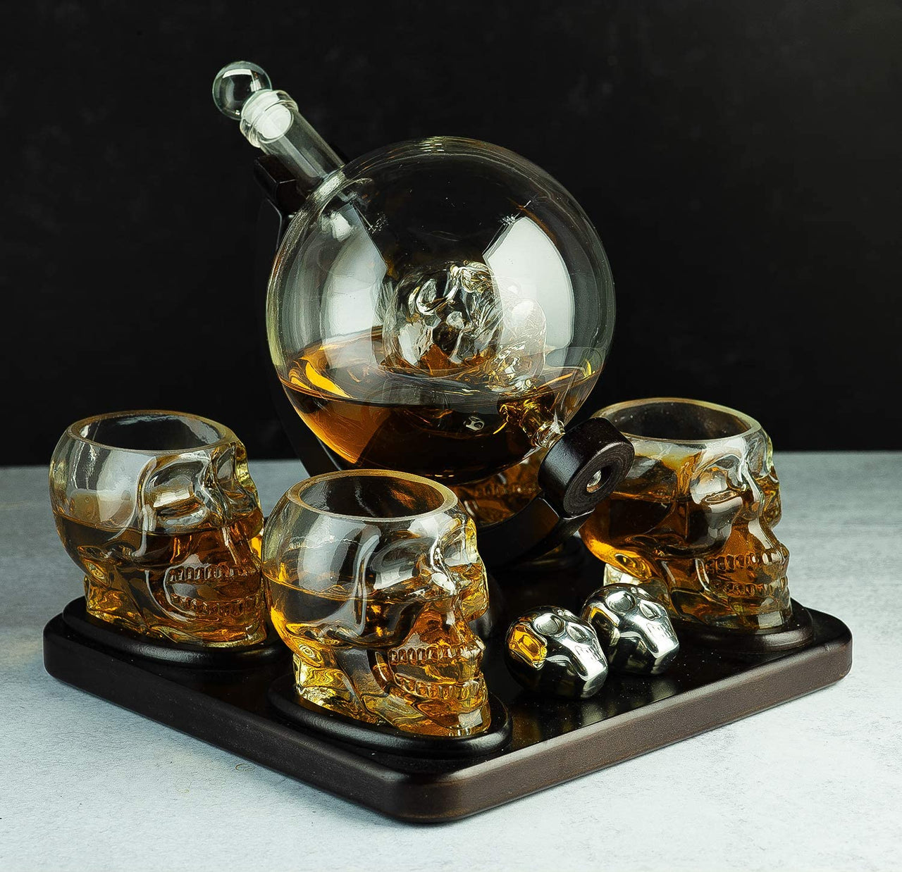 Skull Skeleton Wine & Whiskey Globe Decanter Set 850 mL With 4 Skull Head 3oz Skeletons Shot Glasses And Skull Chillers Wooden Base Decor Glass Goth Spooky Drinking Glassware The Wine Savant-1