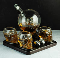 Skull Skeleton Wine & Whiskey Globe Decanter Set 850 mL With 4 Skull Head 3oz Skeletons Shot Glasses And Skull Chillers Wooden Base Decor Glass Goth Spooky Drinking Glassware The Wine Savant-1