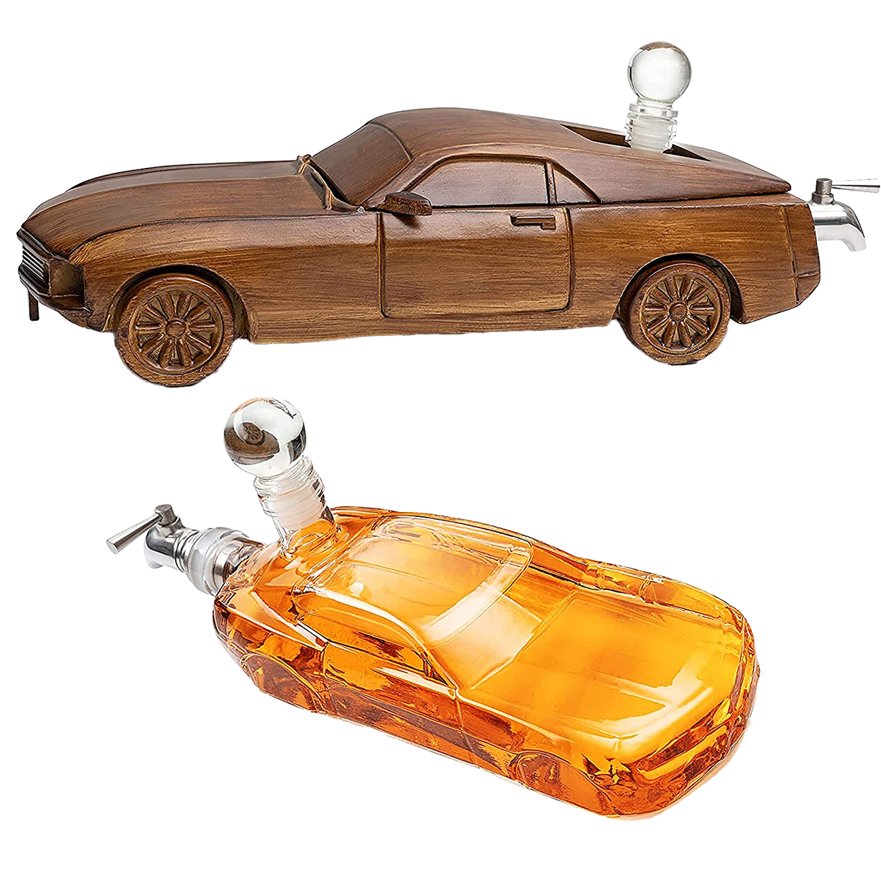 Car Wine & Whiskey Decanter Set 500ml by The Wine Savant 13" L - Wooden Car Figurine, Fastback Car Gifts, Bar Gifts, Parties, Birthdays-0
