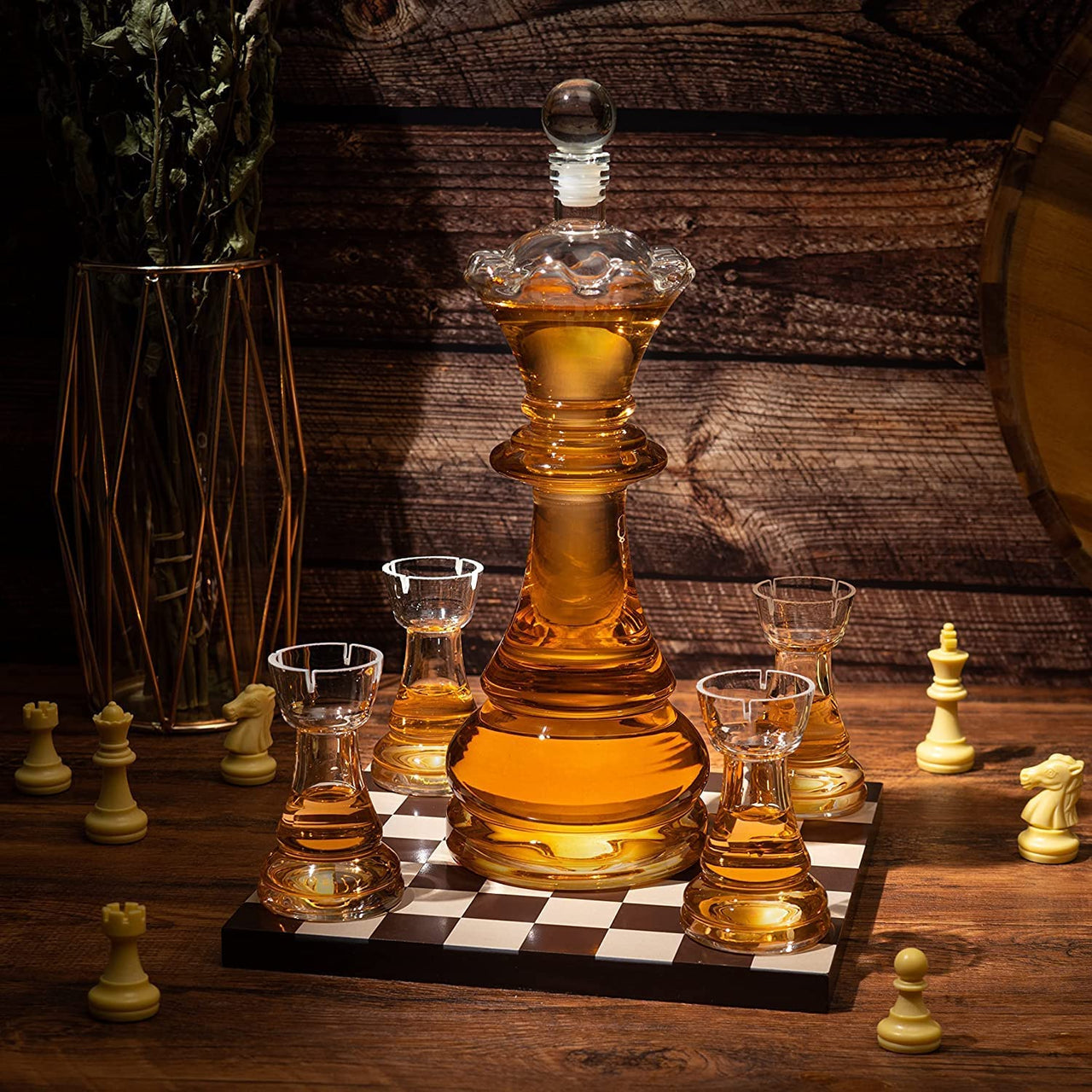 New Chess Decanter Set by The Wine Savant - Queen Chess Decanter 750ml 12" H With 4 Rook Shot Glasses 4oz - Queen's Gambit, Chess Player Gifts, Whiskey, Wine Lovers Gifts for Dad…-1