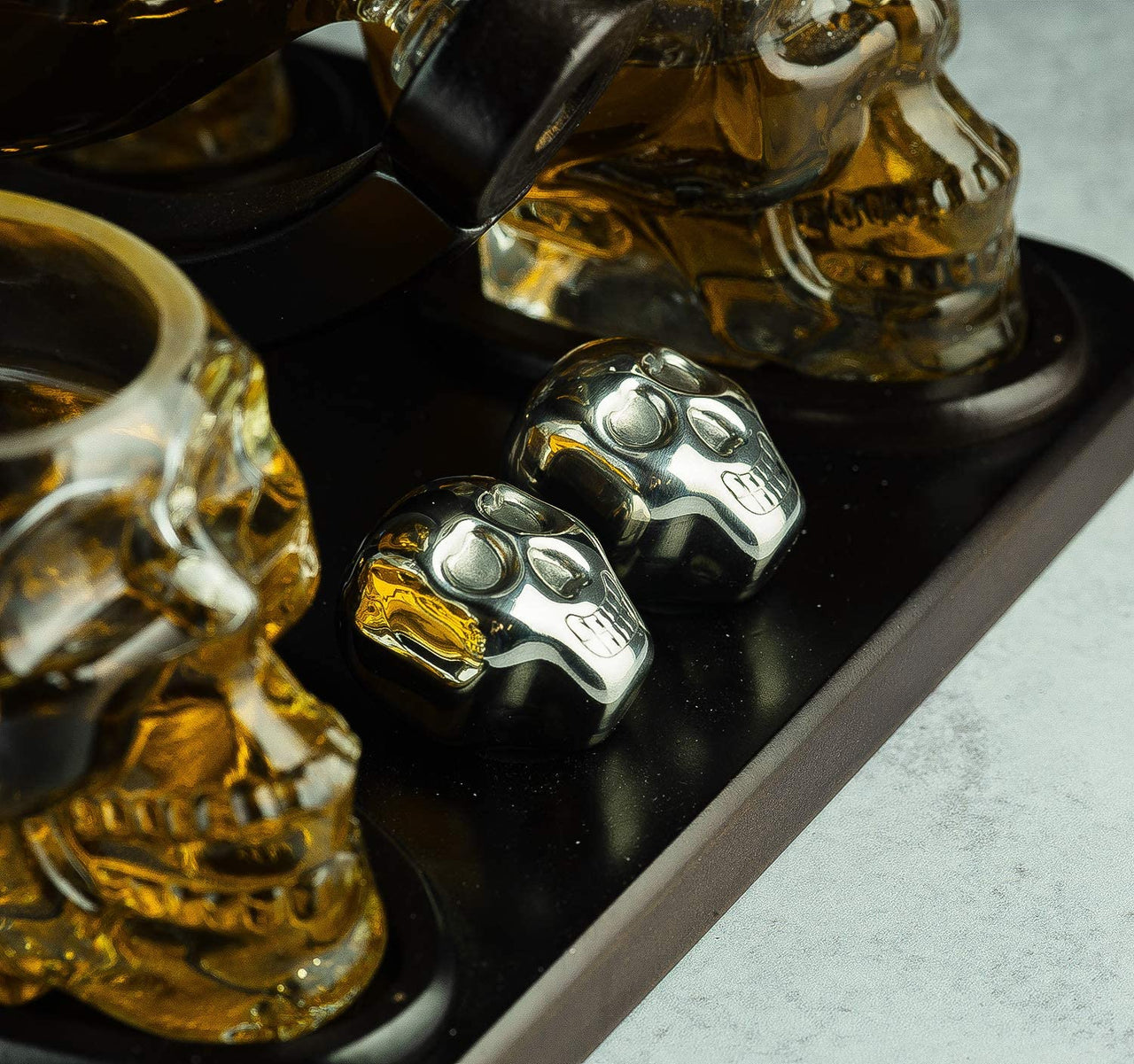 Skull Skeleton Wine & Whiskey Globe Decanter Set 850 mL With 4 Skull Head 3oz Skeletons Shot Glasses And Skull Chillers Wooden Base Decor Glass Goth Spooky Drinking Glassware The Wine Savant-4
