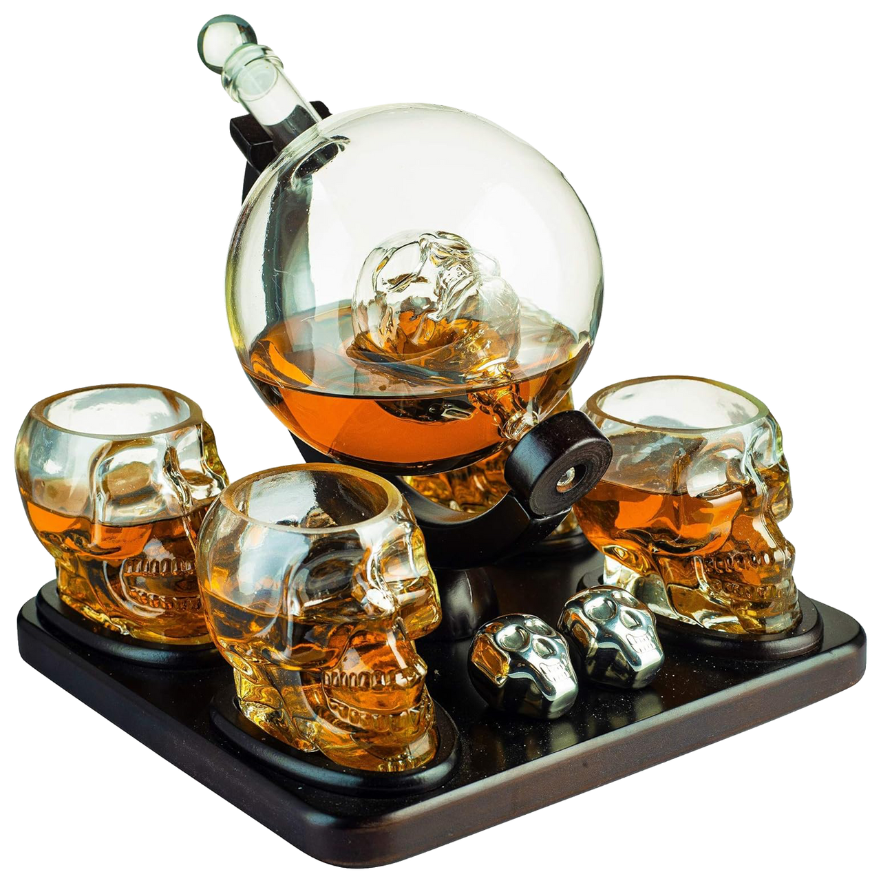 Skull Skeleton Wine & Whiskey Globe Decanter Set 850 mL With 4 Skull Head 3oz Skeletons Shot Glasses And Skull Chillers Wooden Base Decor Glass Goth Spooky Drinking Glassware The Wine Savant-0
