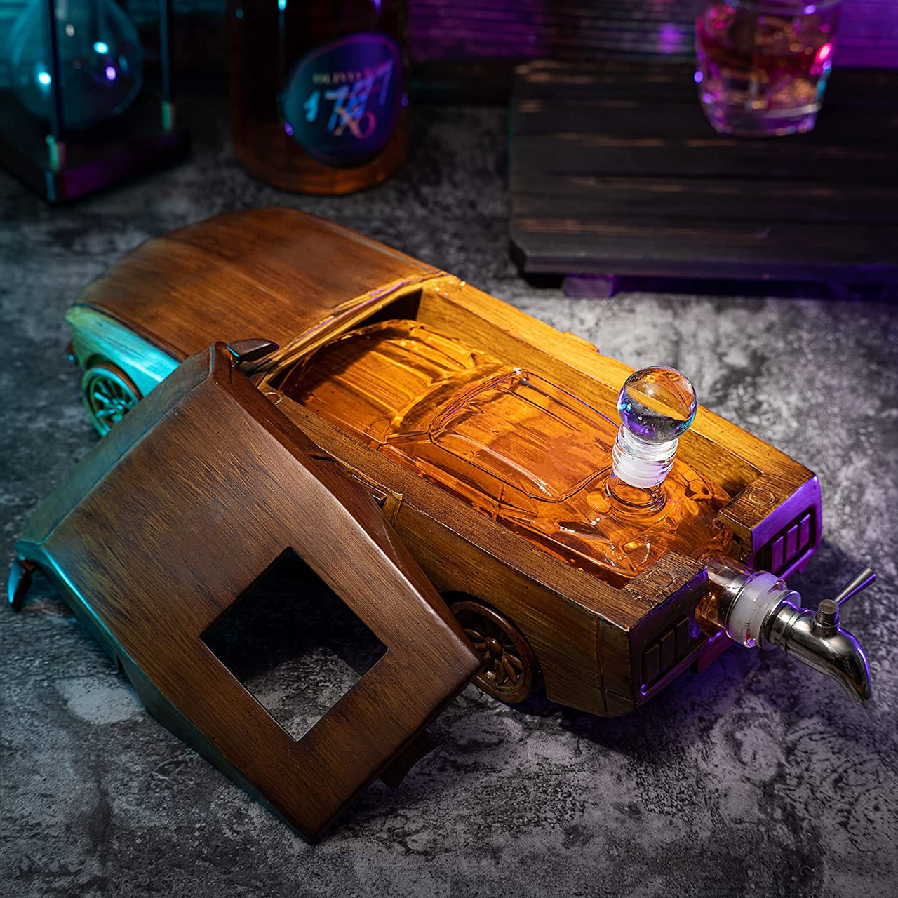 Car Wine & Whiskey Decanter Set 500ml by The Wine Savant 13" L - Wooden Car Figurine, Fastback Car Gifts, Bar Gifts, Parties, Birthdays-3