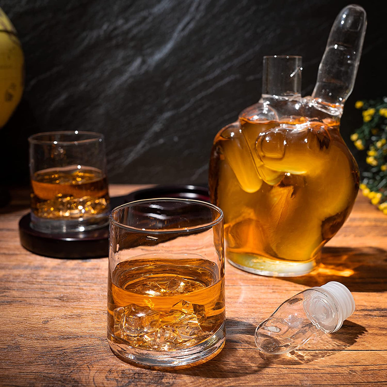 Peace Sign Wine and Whiskey Decanter 750ml With 2 10oz Glasses by The Wine Savant 9" H 14" L - Peace Sign Decanter, World Peace Gifts, Peace Sign Gifts, Peace Sign Glass Figurine, Perfect For Parties-2