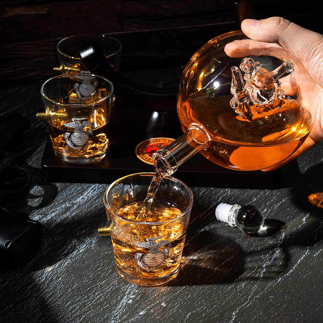 Marine Decanter Set With Four 3 oz Shot Glasses 1000ml Marines Gift Decanter by The Wine Savant - Marine Gifts, Army Gifts, Veteran Gifts-2