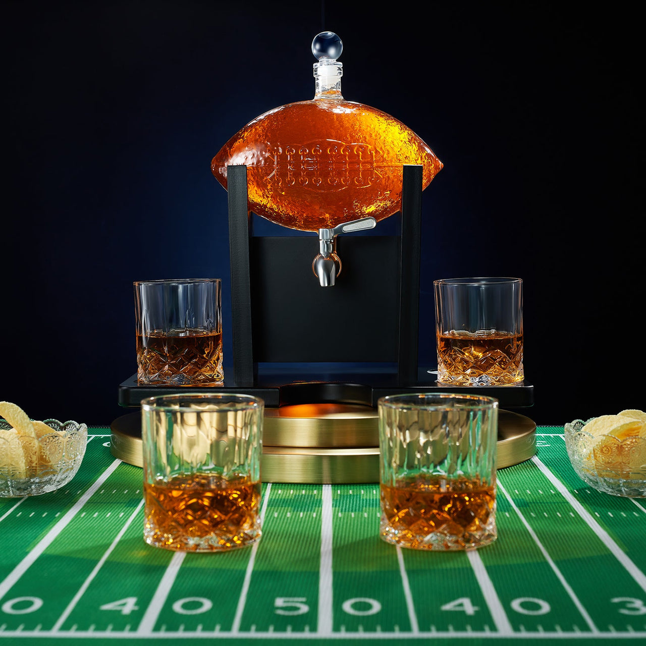 The Wine Savant Football Gifts for Men Dad - Decanter with Mahogany Holder Field Goal Holder + 4 Glasses & Footballs Chillers - Birthday Bar from Daughter Son, Retirement, Father, Him Brother-1
