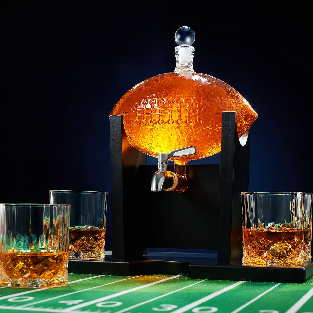 The Wine Savant Football Gifts for Men Dad - Decanter with Mahogany Holder Field Goal Holder + 4 Glasses & Footballs Chillers - Birthday Bar from Daughter Son, Retirement, Father, Him Brother-2