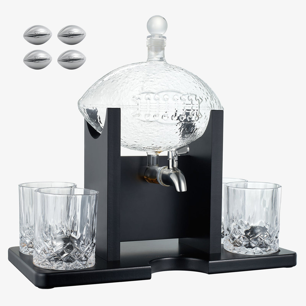 The Wine Savant Football Gifts for Men Dad - Decanter with Mahogany Holder Field Goal Holder + 4 Glasses & Footballs Chillers - Birthday Bar from Daughter Son, Retirement, Father, Him Brother-3