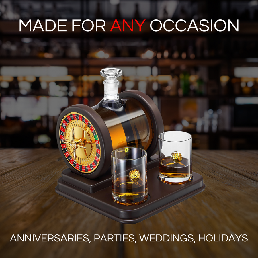Casino Roulette Whiskey Decanter for Men, Husband, Him | 67.6 OZ Decanter With 2 x 10oz Dice Whiskey Glasses | Gold & Wood Gambling Slot Gift for Bourbon, Scotch, Liquor, Gifts For Dad, Guy, Christmas-2