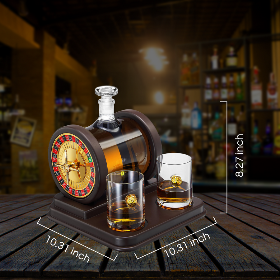 Casino Roulette Whiskey Decanter for Men, Husband, Him | 67.6 OZ Decanter With 2 x 10oz Dice Whiskey Glasses | Gold & Wood Gambling Slot Gift for Bourbon, Scotch, Liquor, Gifts For Dad, Guy, Christmas-4