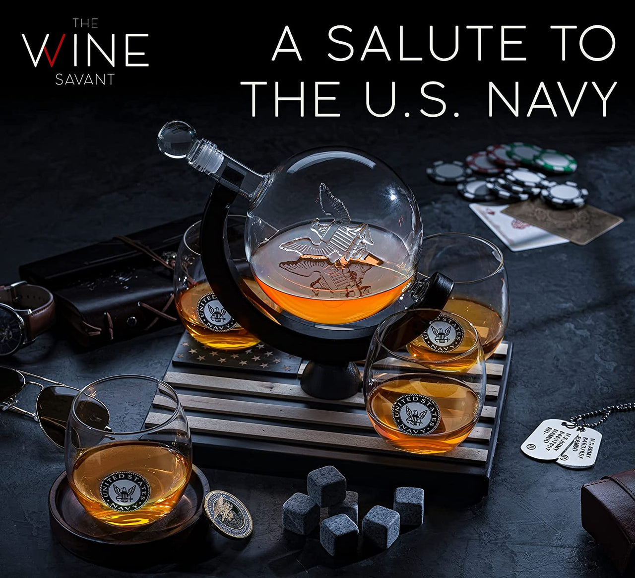 U.S. Navy Globe Whiskey Decanter Set with 4 Liquor Glasses - Navy Veteran Gift Set with Wood Base and 9 Whiskey Stones - Navy Gifts for Men, U.S.A Flag - Bourbon and Scotch Military Gifts for Dad-1