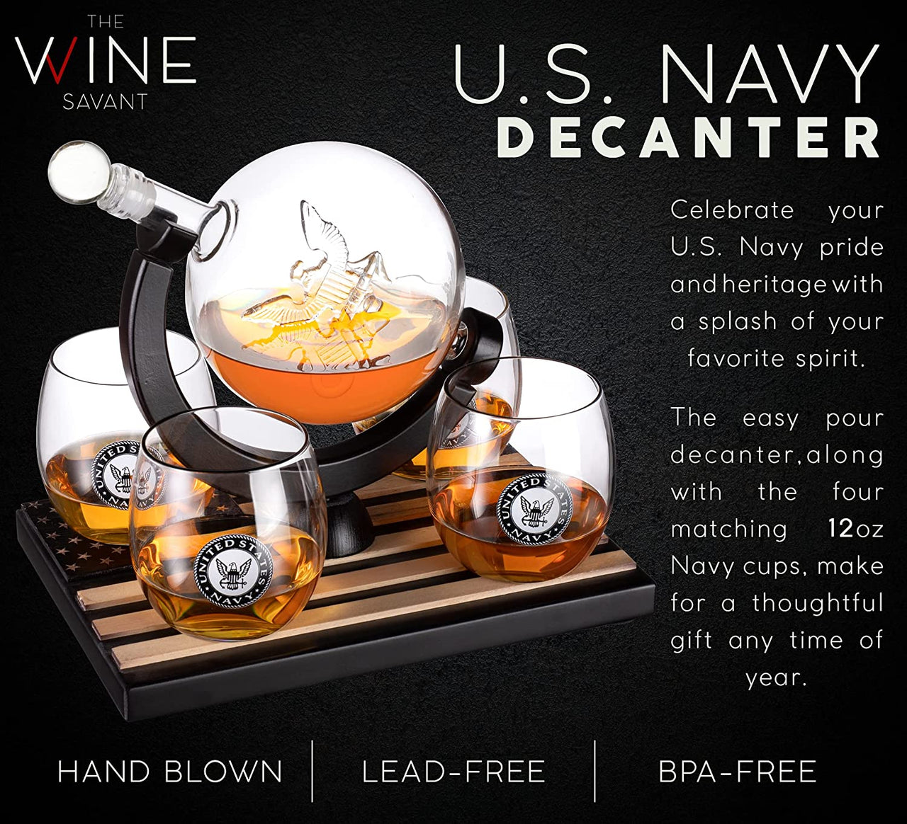 U.S. Navy Globe Whiskey Decanter Set with 4 Liquor Glasses - Navy Veteran Gift Set with Wood Base and 9 Whiskey Stones - Navy Gifts for Men, U.S.A Flag - Bourbon and Scotch Military Gifts for Dad-3