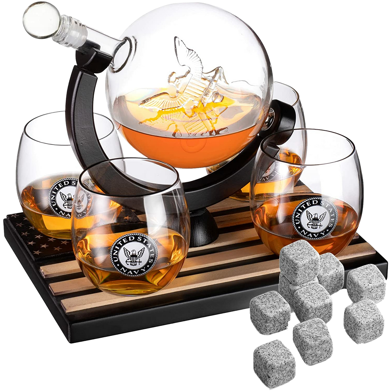 U.S. Navy Globe Whiskey Decanter Set with 4 Liquor Glasses - Navy Veteran Gift Set with Wood Base and 9 Whiskey Stones - Navy Gifts for Men, U.S.A Flag - Bourbon and Scotch Military Gifts for Dad-0