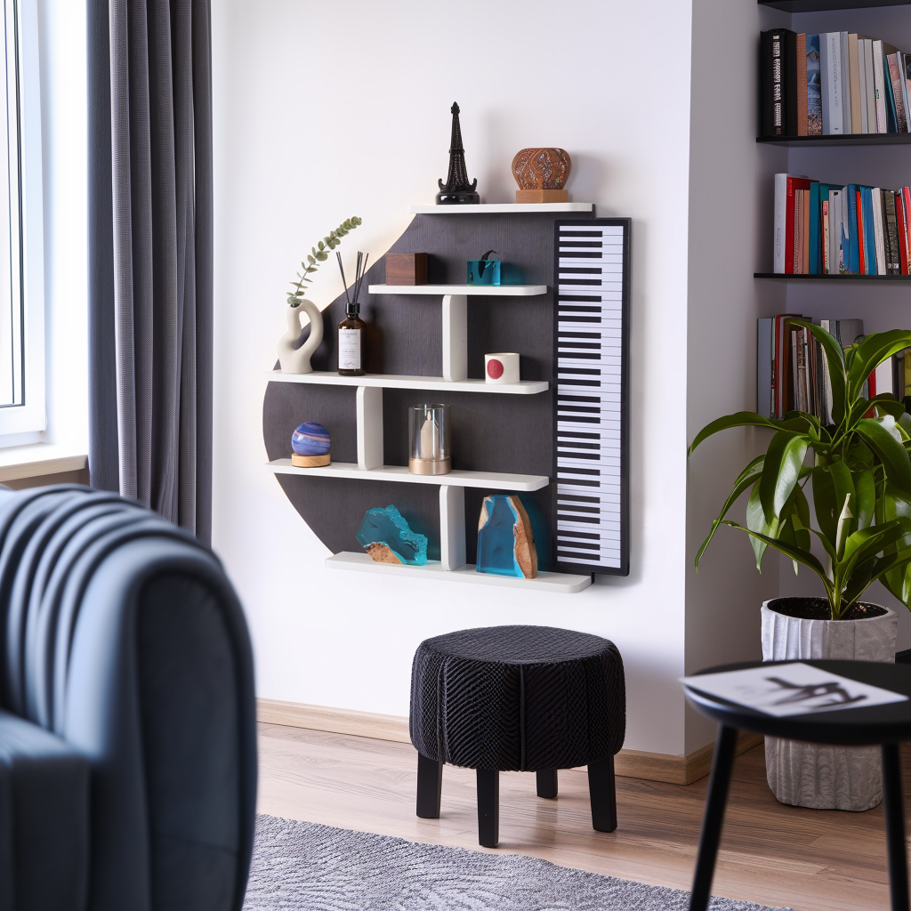 Piano Wall Shelf, Decorative Bookshelf with LED Light-0