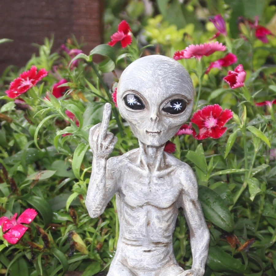 Rude Alien Statue “Flipping The Bird” 10″ H Shelf Sitter Extraterrestrial Figurine Funny Home or Garden Decoration