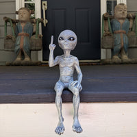 Rude Alien Statue “Flipping The Bird” 10″ H Shelf Sitter Extraterrestrial Figurine Funny Home or Garden Decoration