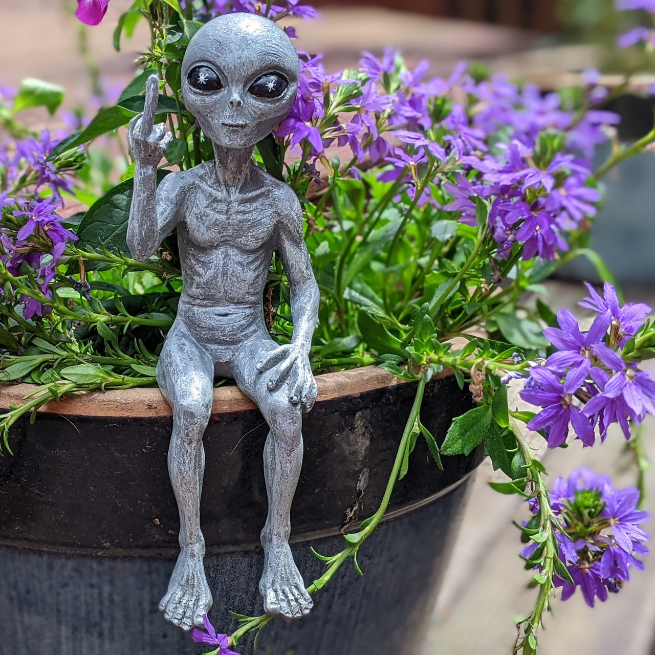 Rude Alien Statue “Flipping The Bird” 10″ H Shelf Sitter Extraterrestrial Figurine Funny Home or Garden Decoration