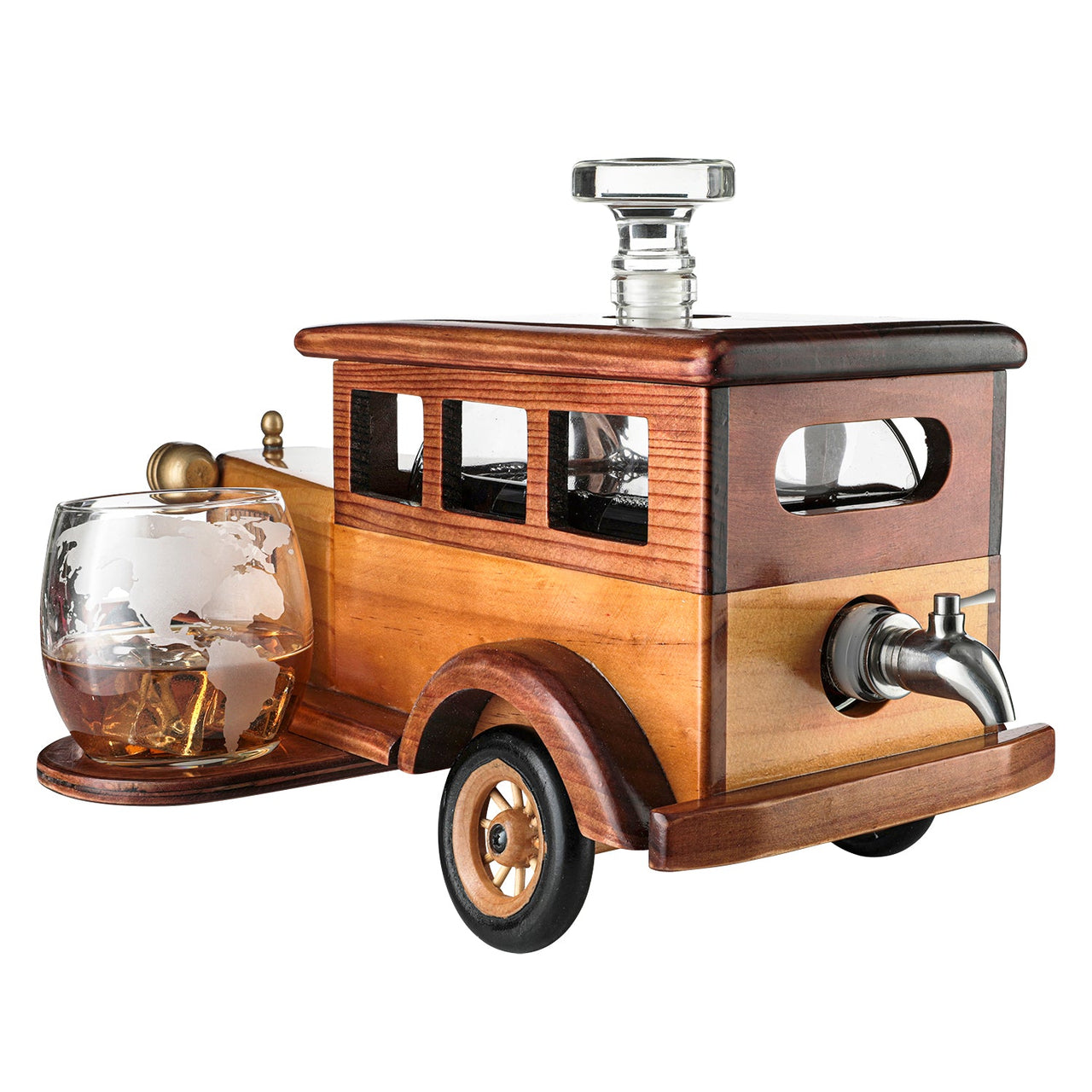Old Fashioned Car Whiskey Decanter Set, Very Large 15" x 13" x 7" 750ml Decanter Spigot, and 2-10oz Whiskey Tumbler Old Fashion Glasses, Old Fashioned Vintage Car, Limited Edition, Great Bar Gift-3