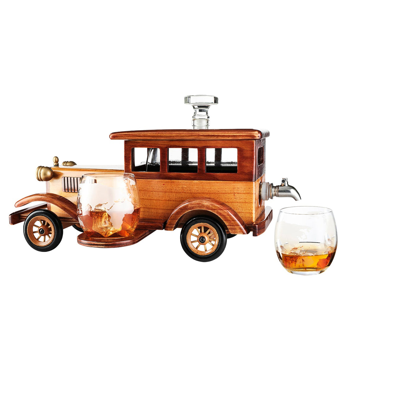 Old Fashioned Car Whiskey Decanter Set, Very Large 15" x 13" x 7" 750ml Decanter Spigot, and 2-10oz Whiskey Tumbler Old Fashion Glasses, Old Fashioned Vintage Car, Limited Edition, Great Bar Gift-4