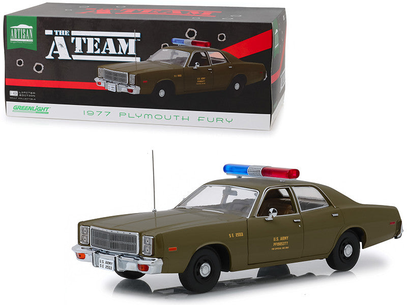 1977 Plymouth Fury U.S. Army Police Army Green "The A-Team" (1983-1987) TV Series 1/18 Diecast Model Car by Greenlight-0