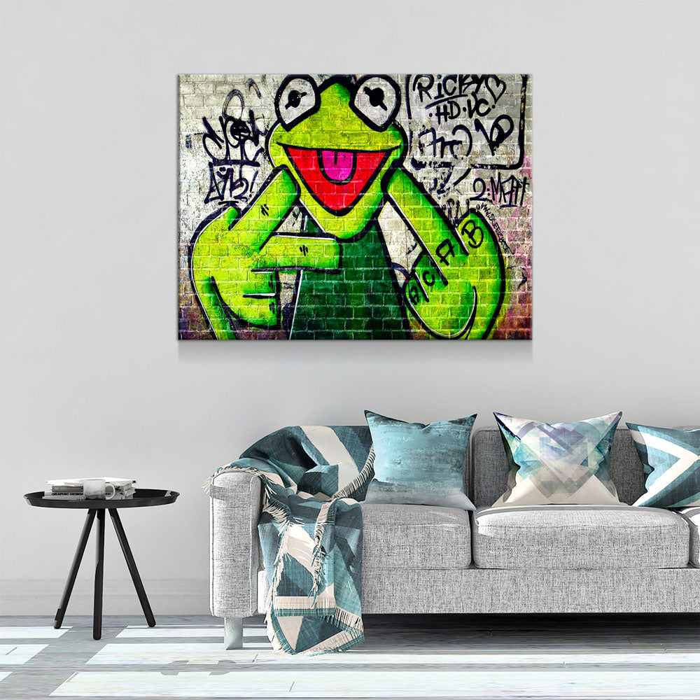 Banksy Frog Flip Off Canvas Wall Art, Abstract Wall Art