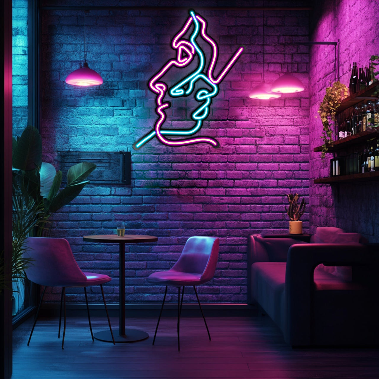 Two Faces Line Art Metal Neon Wall Art- LN0007