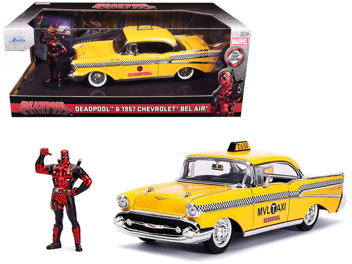 1957 Chevrolet Bel Air Taxi Yellow with Deadpool Diecast Figurine "Marvel" Series 1/24 Diecast Model Car by Jada-3