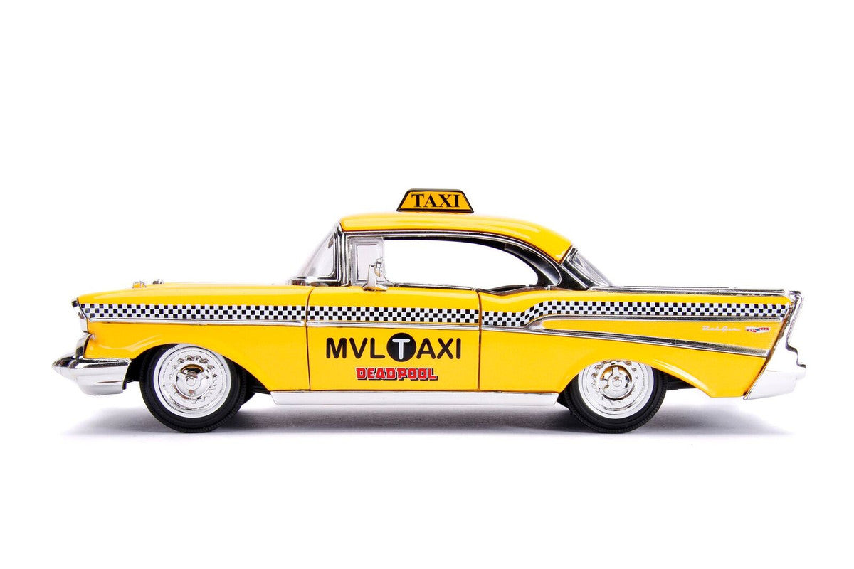 1957 Chevrolet Bel Air Taxi Yellow with Deadpool Diecast Figurine "Marvel" Series 1/24 Diecast Model Car by Jada-1
