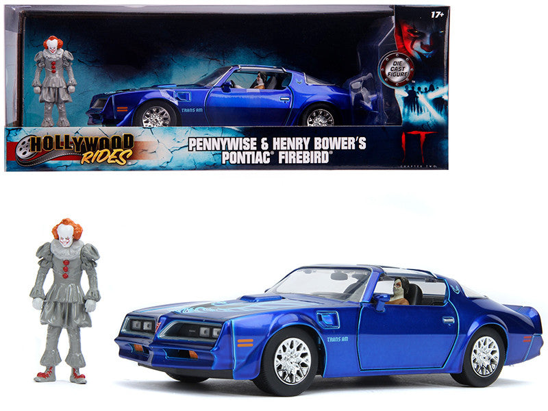 Henry Bower's Pontiac Firebird Trans Am Candy Blue with Pennywise Diecast Figurine "It Chapter Two" (2019) Movie 1/24 Diecast Model Car by Jada-0
