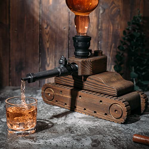 Tank Handcrafted Liquor Dispenser - The Wine Savant - Industrial Pipe Mahogany Wood Whiskey Decanter - Bar Accessories For Home Gifts for Him, Veteran's Day, Military Appreciation, Home Bar Gift-1