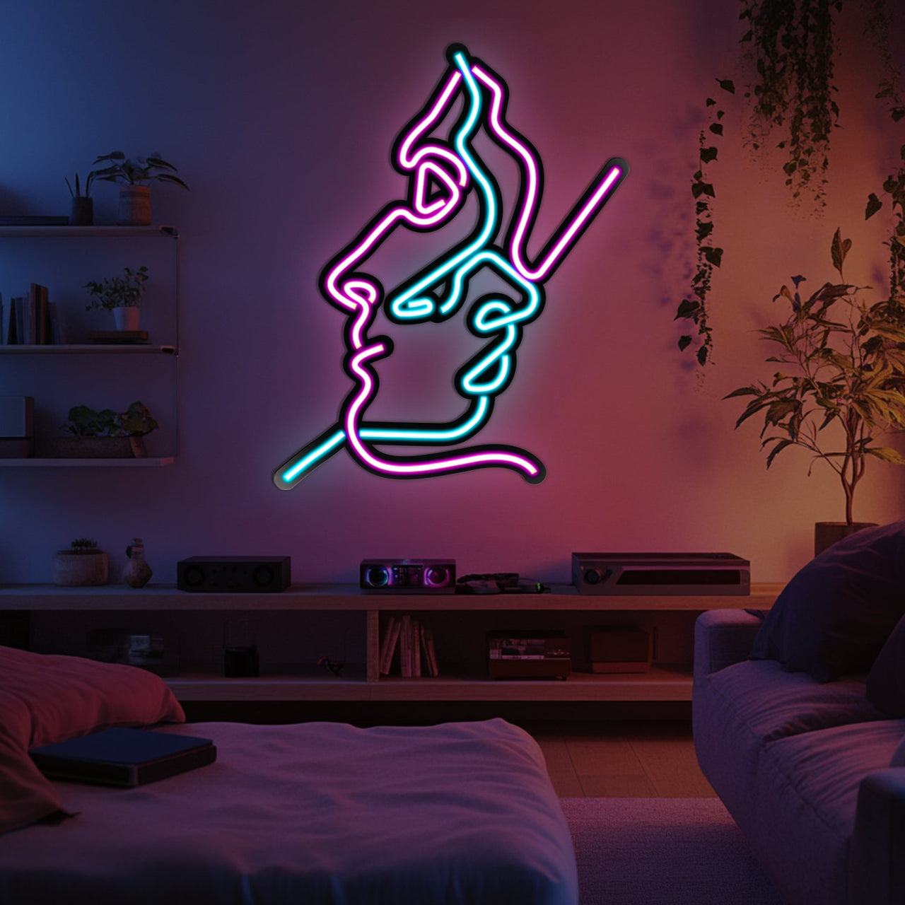 Two Faces Line Art Metal Neon Wall Art- LN0007