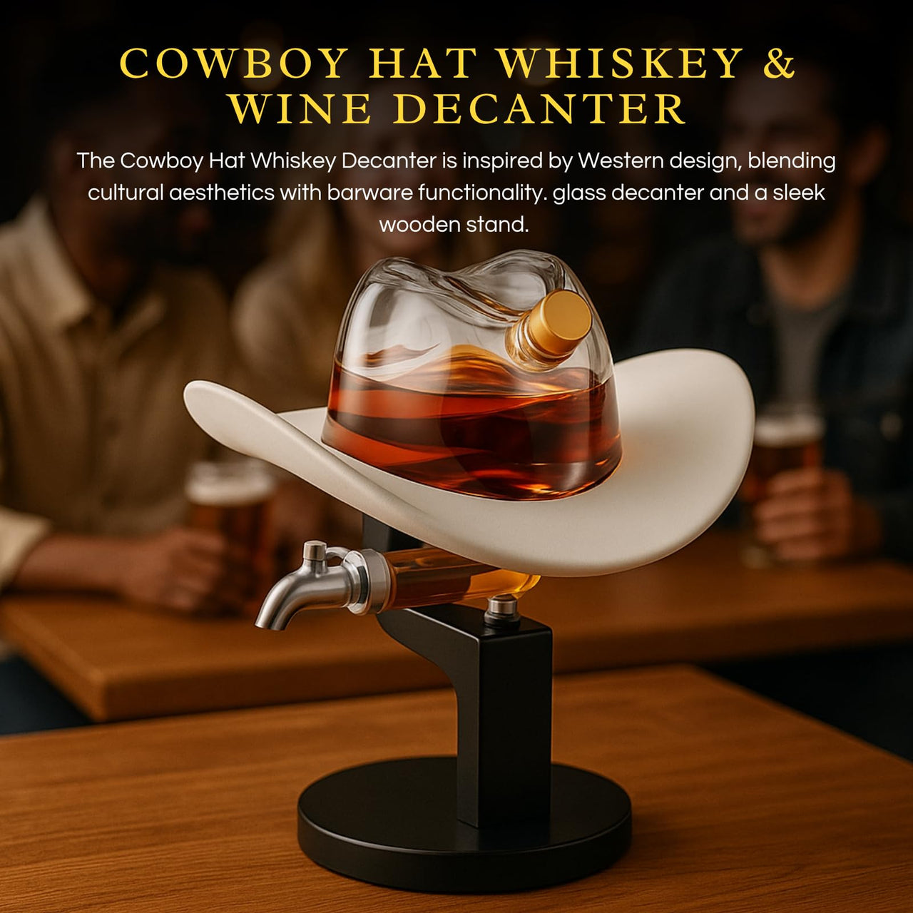 The Wine Savant Cowboy Hat Decanter, Western Style Rustic Design Glass Liquor Container Barware Display - 800ml Clear-2